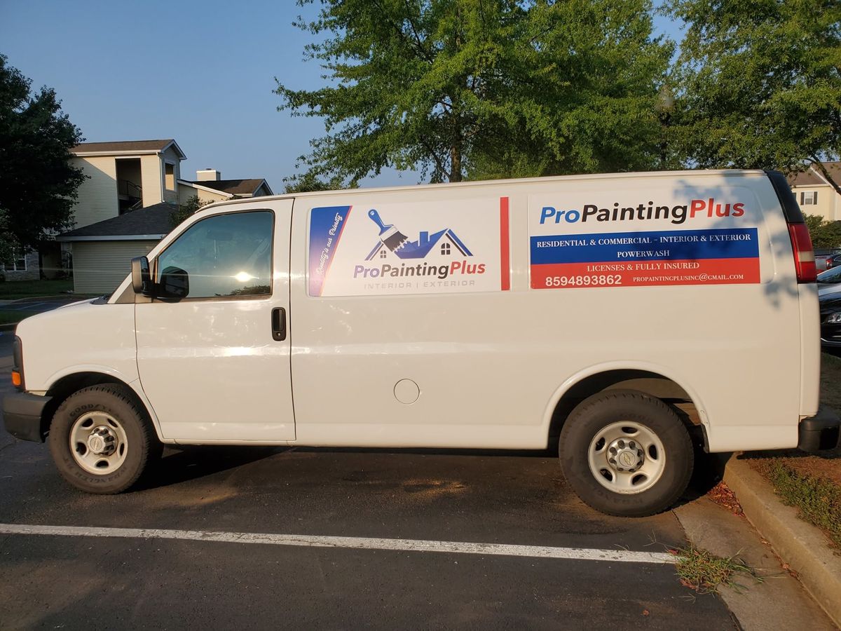 Pro Painting Plus work van with logo, phone number and Licensed & Fully Insured lettering
