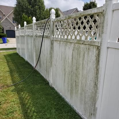 Before: white vinyl fence streaked with green mildew